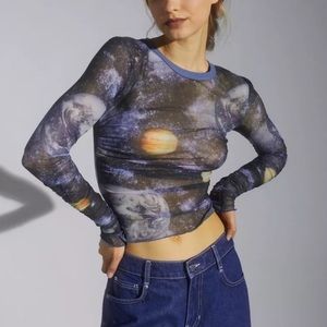 Urban Outfitters Sia Ruched Mesh Space and Planets Long Sleeve Top